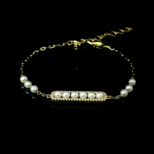 14K Gold Pearl and Diamond Bar Bracelet