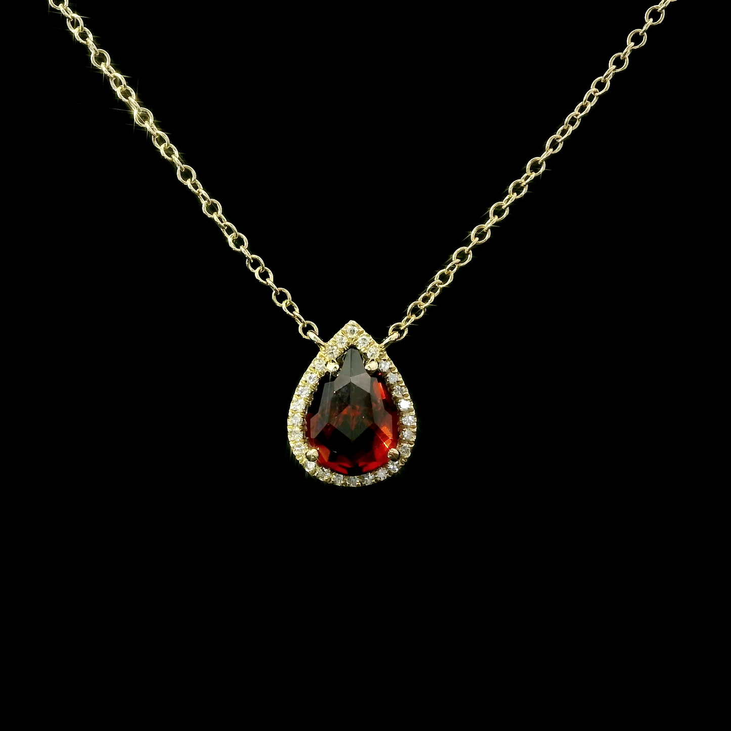 14K Gold Pear-Shaped Garnet & Diamond Halo Necklace