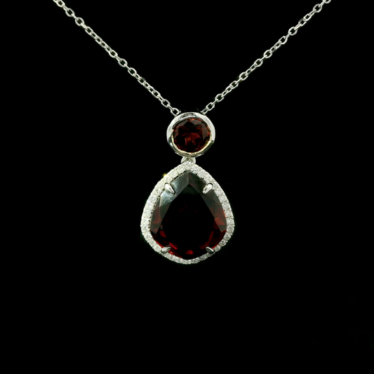 14K White Gold Double Garnet Drop Pendant with Diamond Halo