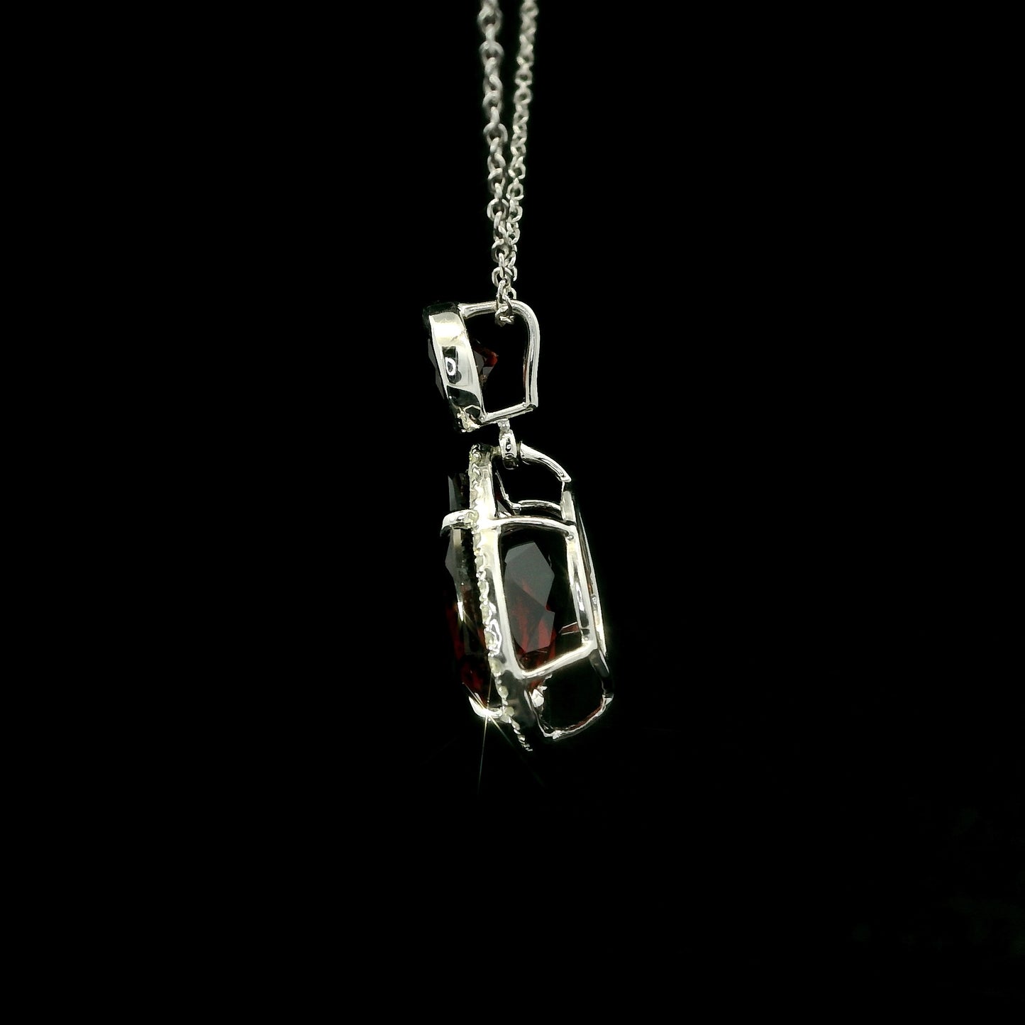 14K White Gold Double Garnet Drop Pendant with Diamond Halo