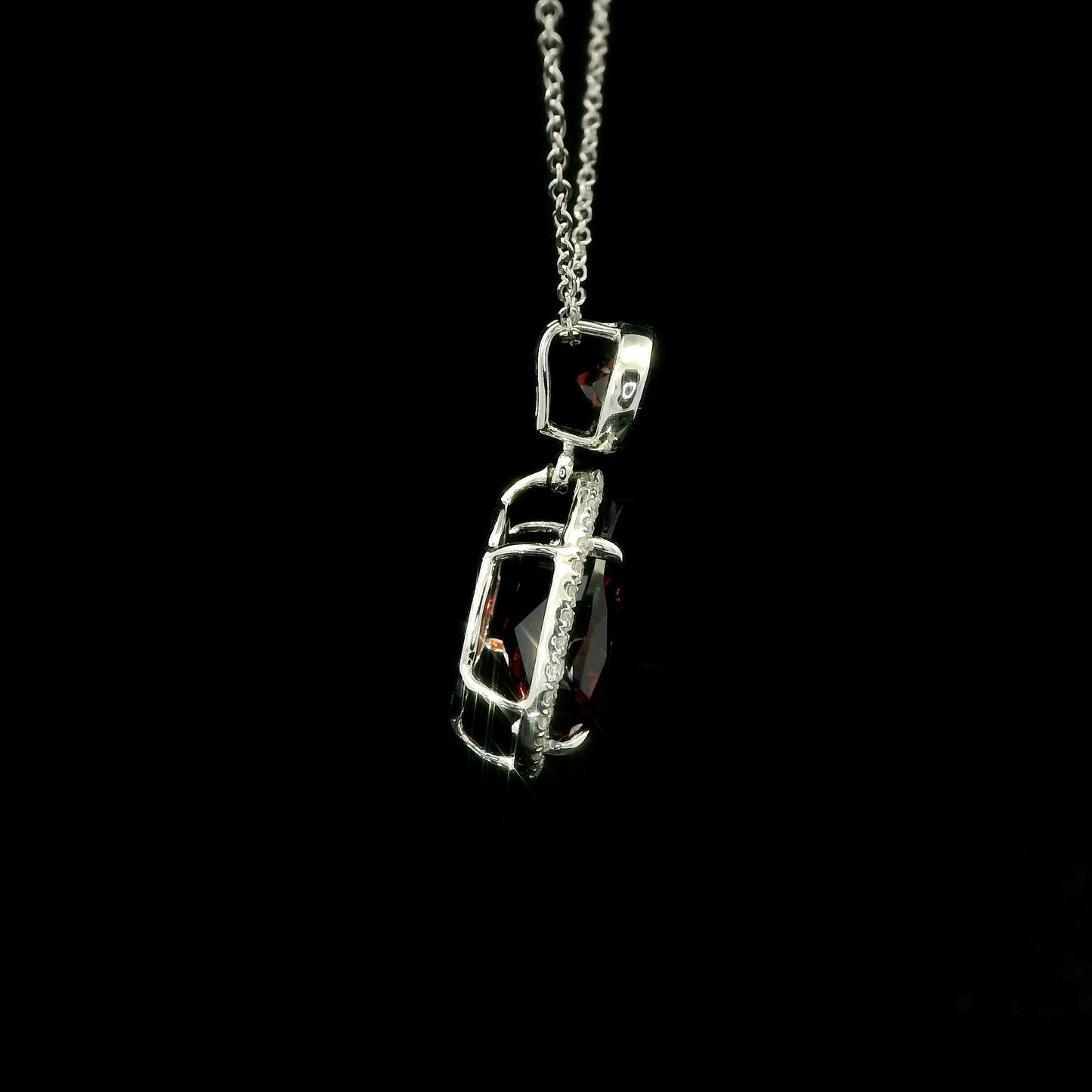 14K White Gold Double Garnet Drop Pendant with Diamond Halo