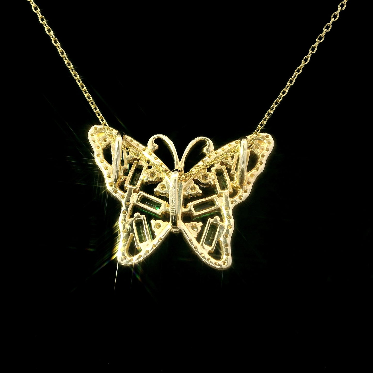 14K Yellow Gold Green Tsavorite Butterfly Pendant with Diamond Halo