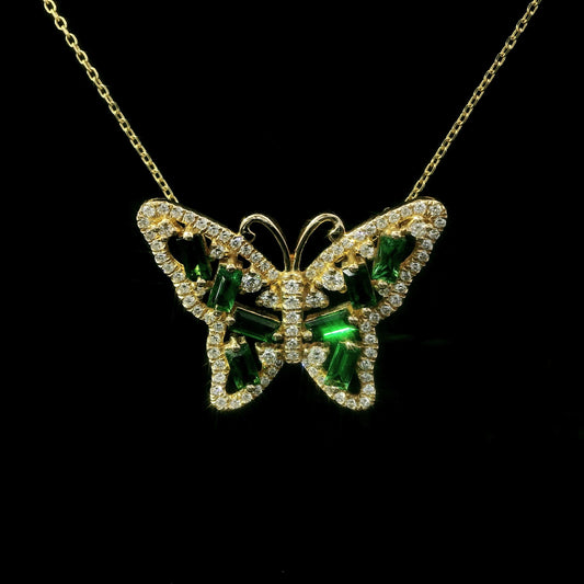14K Yellow Gold Green Tsavorite Butterfly Pendant with Diamond Halo