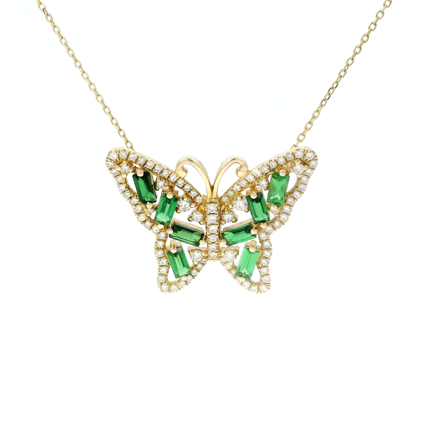 14K Yellow Gold Green Tsavorite Butterfly Pendant with Diamond Halo