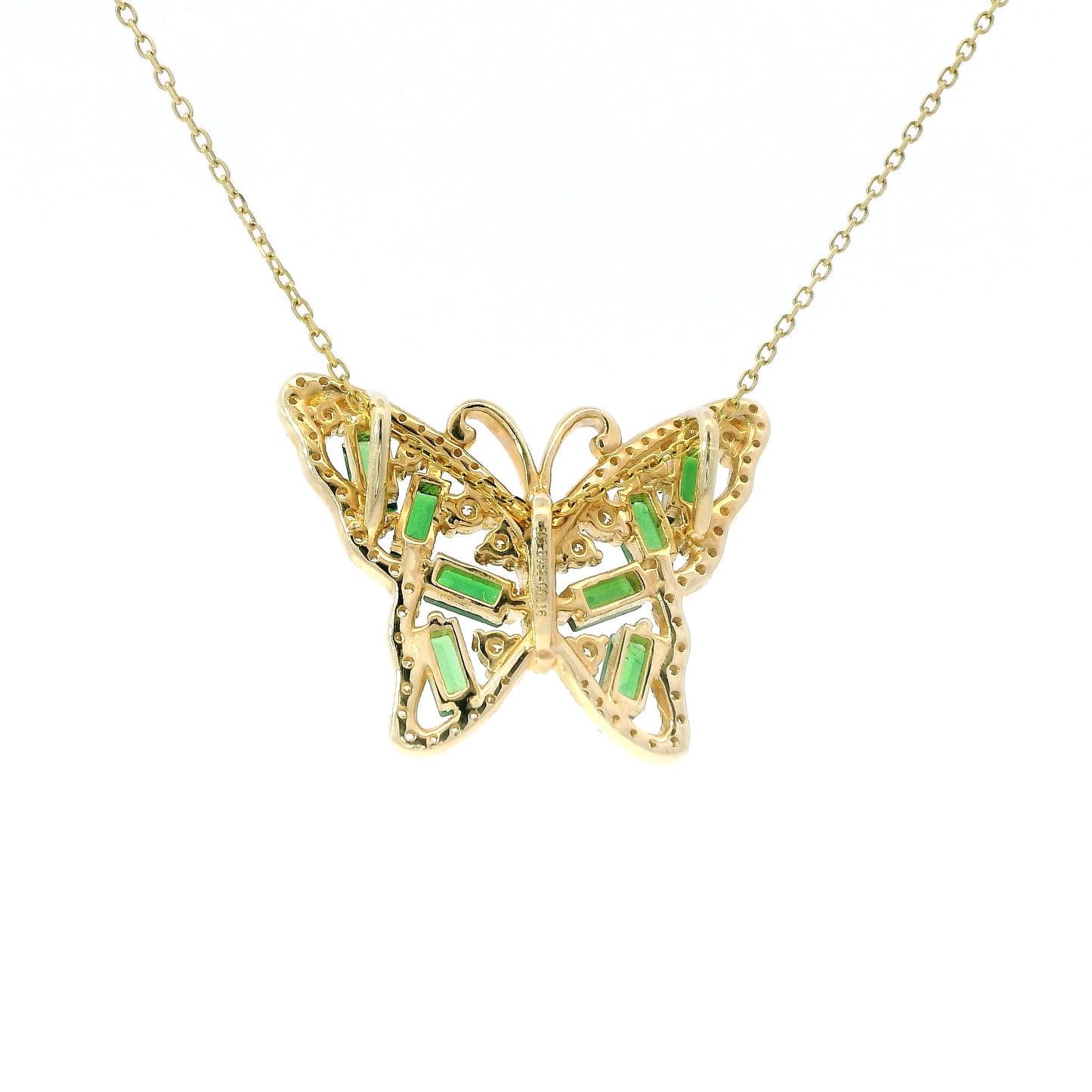14K Yellow Gold Green Tsavorite Butterfly Pendant with Diamond Halo