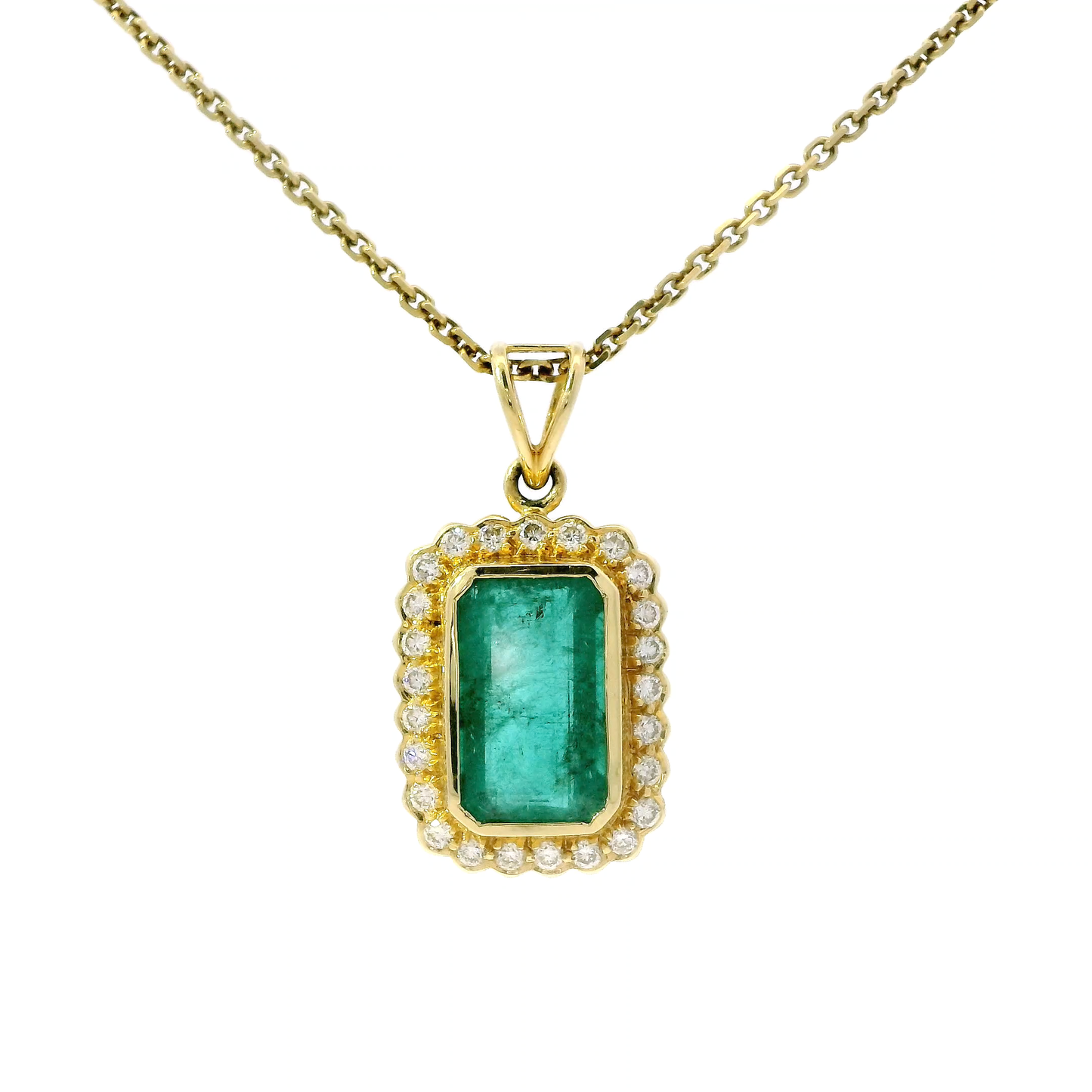 18K Yellow Gold Emerald and Diamond Halo Pendant Necklace