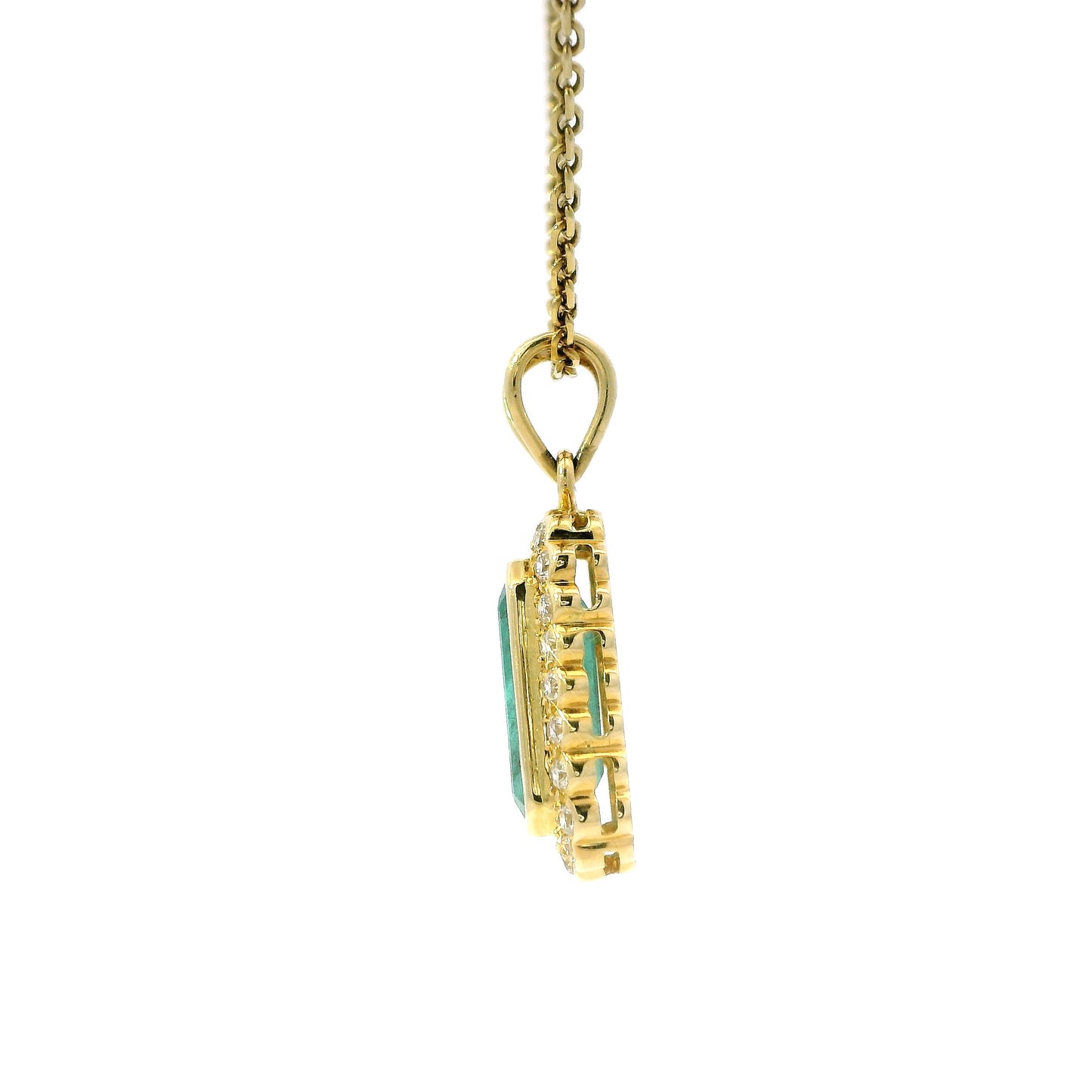 18K Yellow Gold Emerald and Diamond Halo Pendant Necklace