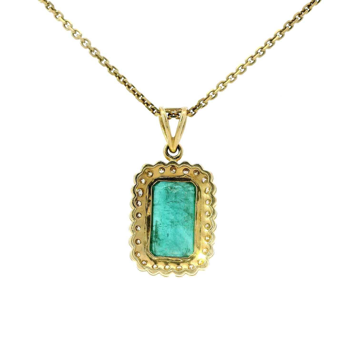18K Yellow Gold Emerald and Diamond Halo Pendant Necklace