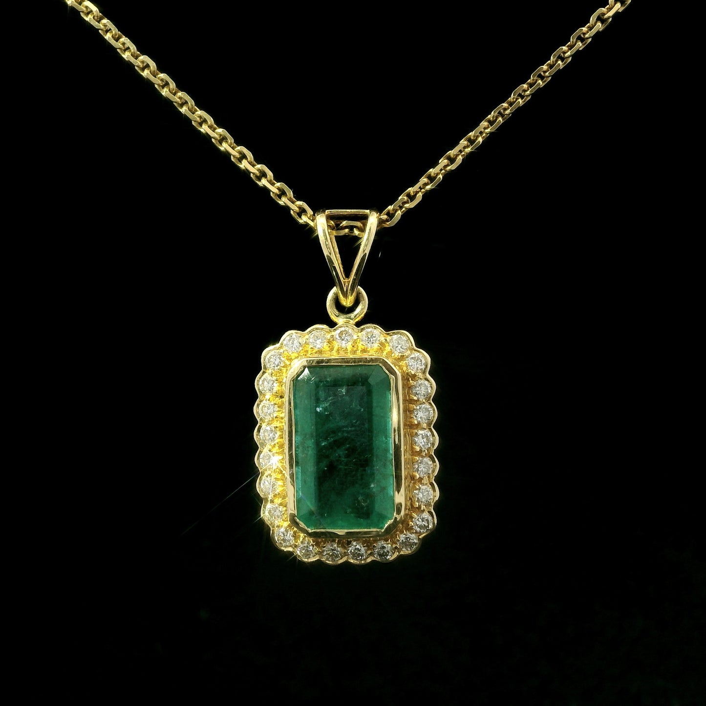 18K Yellow Gold Emerald and Diamond Halo Pendant Necklace