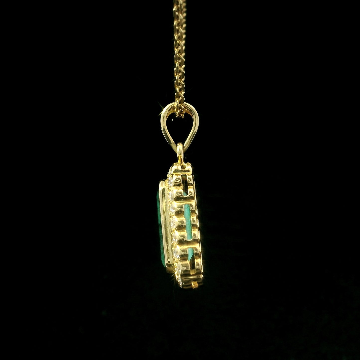 18K Yellow Gold Emerald and Diamond Halo Pendant Necklace