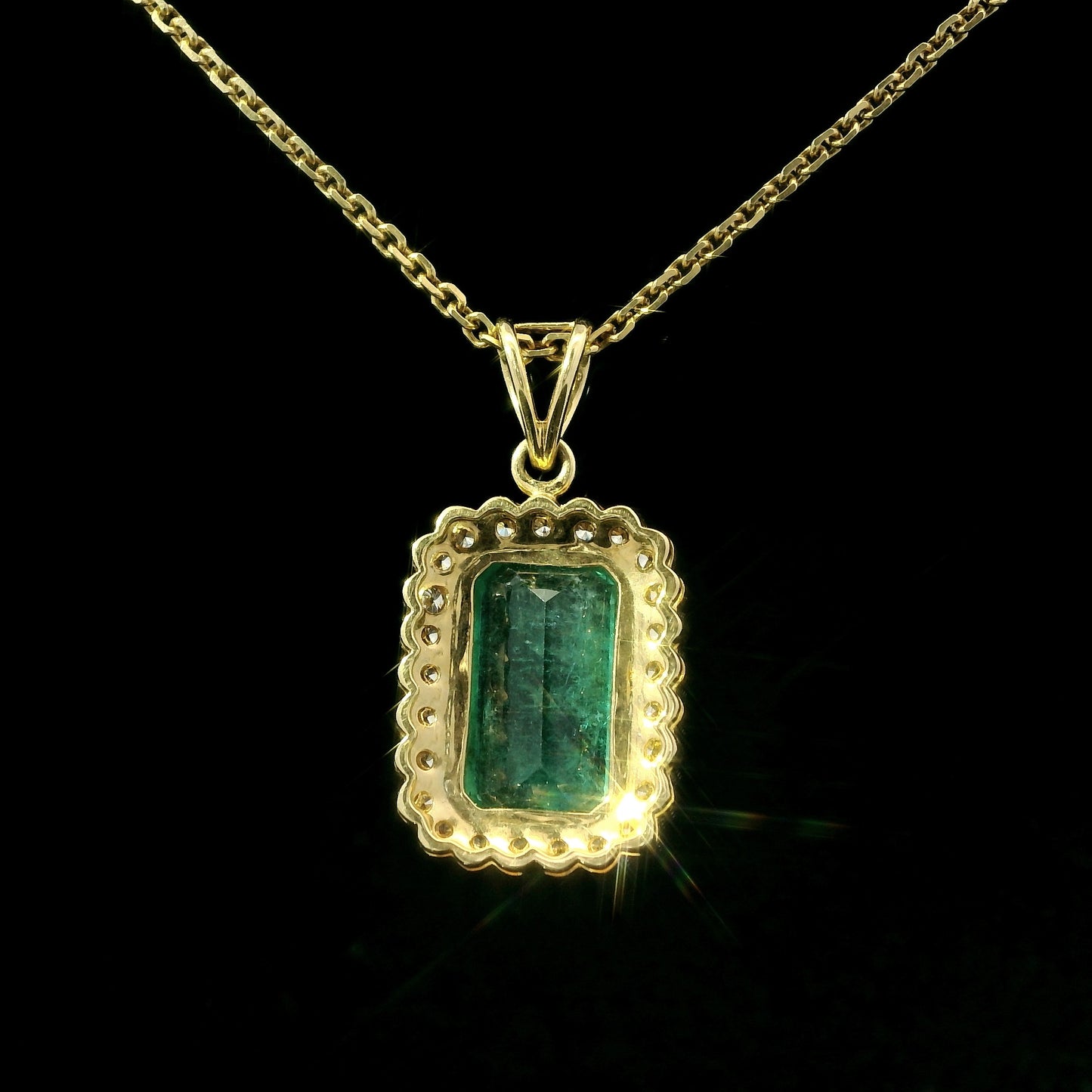 18K Yellow Gold Emerald and Diamond Halo Pendant Necklace