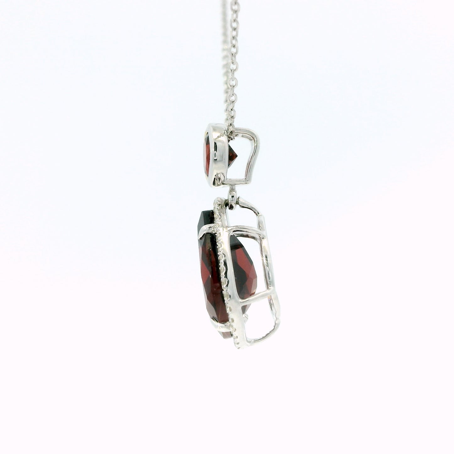 14K White Gold Double Garnet Drop Pendant with Diamond Halo