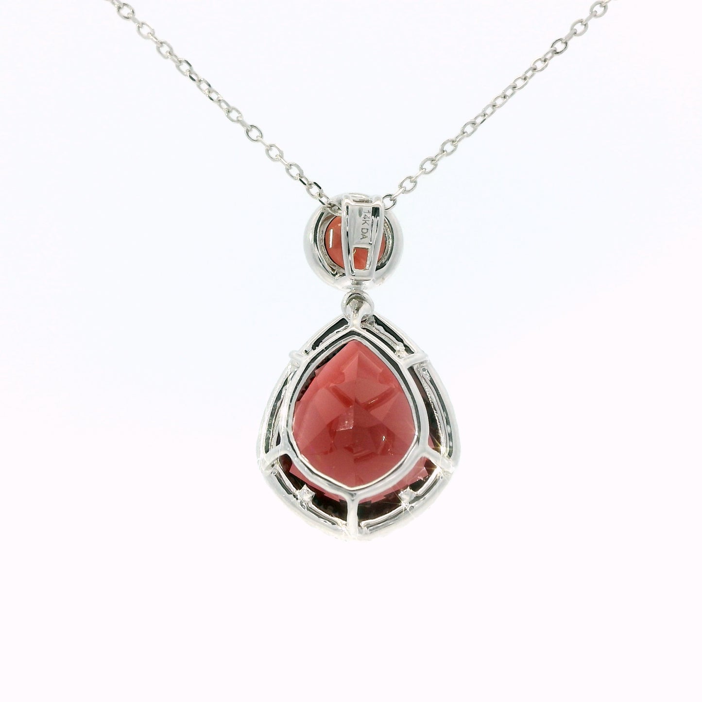 14K White Gold Double Garnet Drop Pendant with Diamond Halo