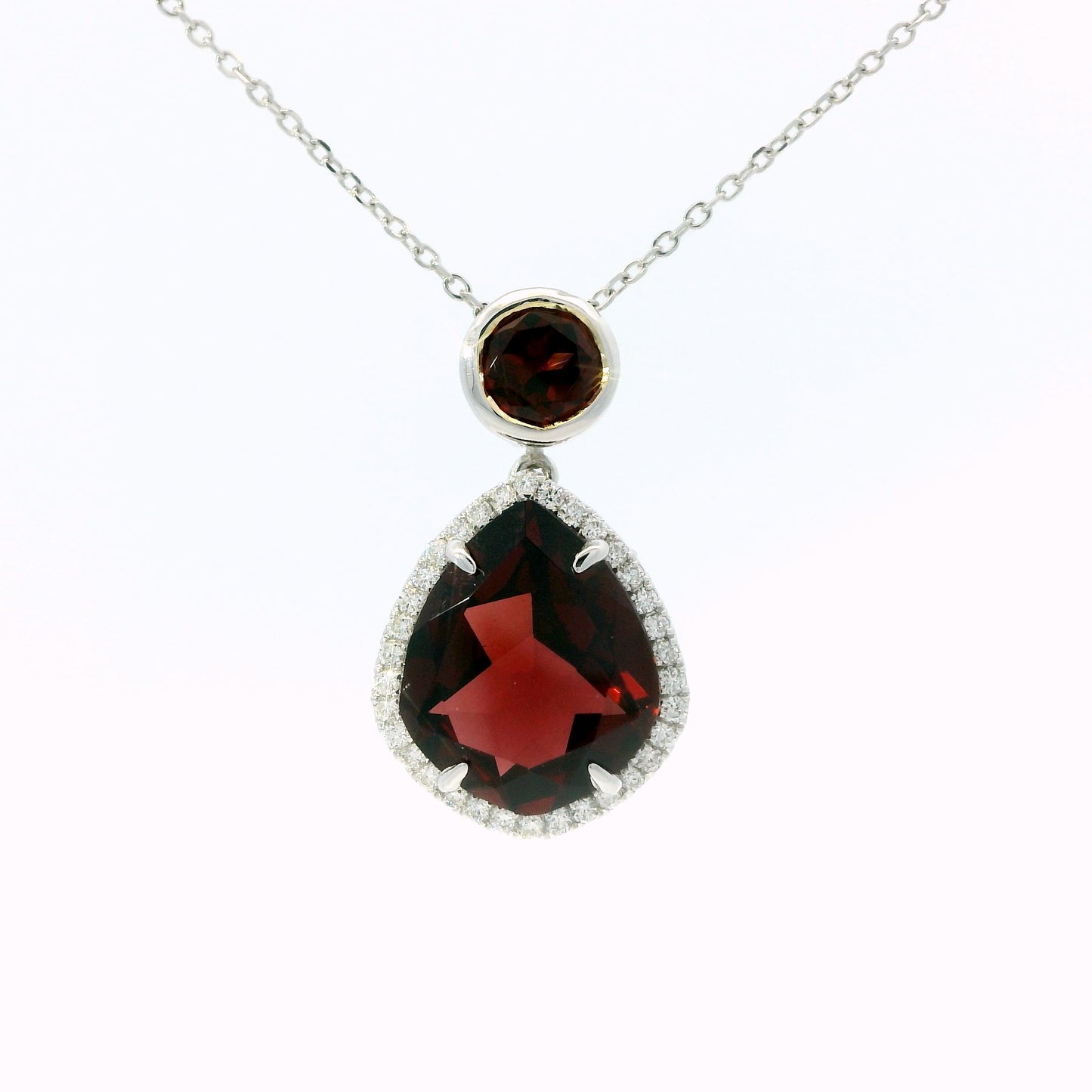 14K White Gold Double Garnet Drop Pendant with Diamond Halo