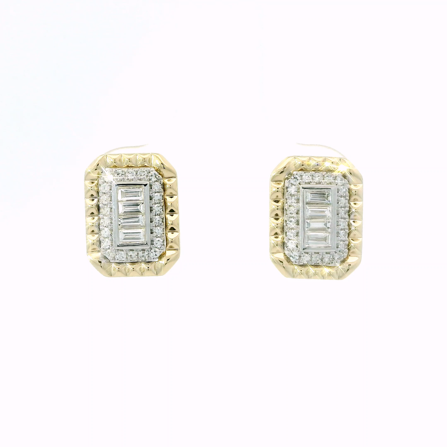 14K Two Tone Yellow & White Gold Baguette Diamond Halo Stud Earrings