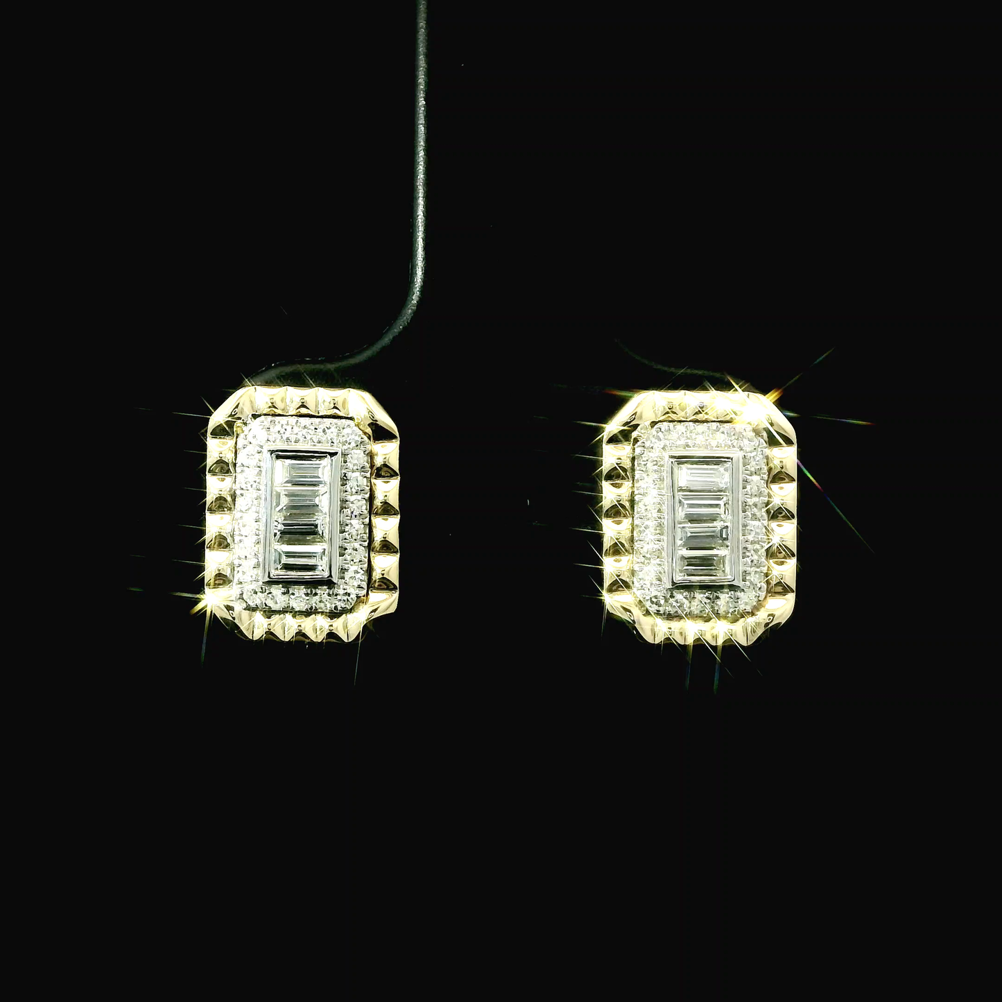 14K Two Tone Yellow & White Gold Baguette Diamond Halo Stud Earrings