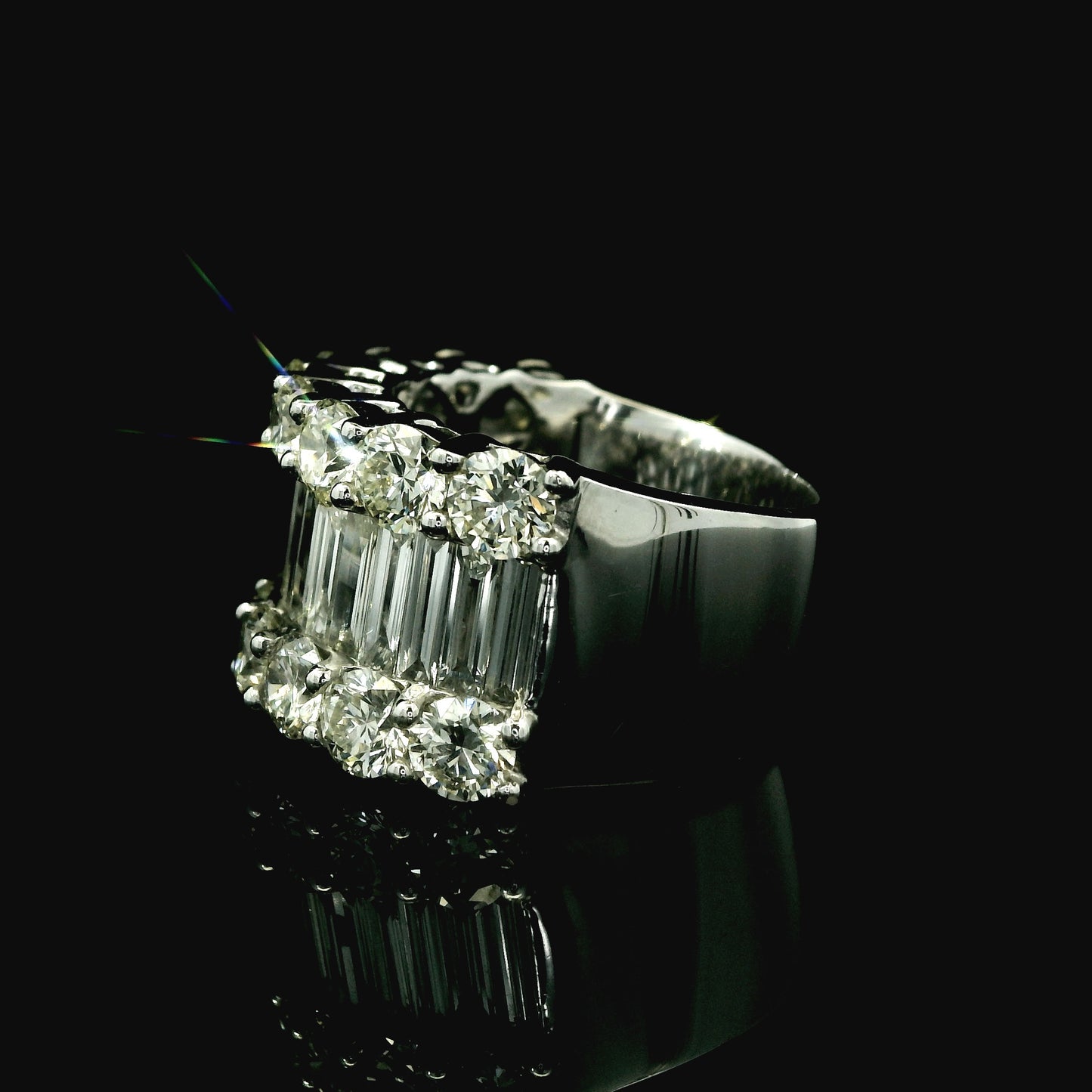 Wide Baguette and Round Brilliant Diamond Band – Natural Multi-Row Statement Ring in 14K White Gold