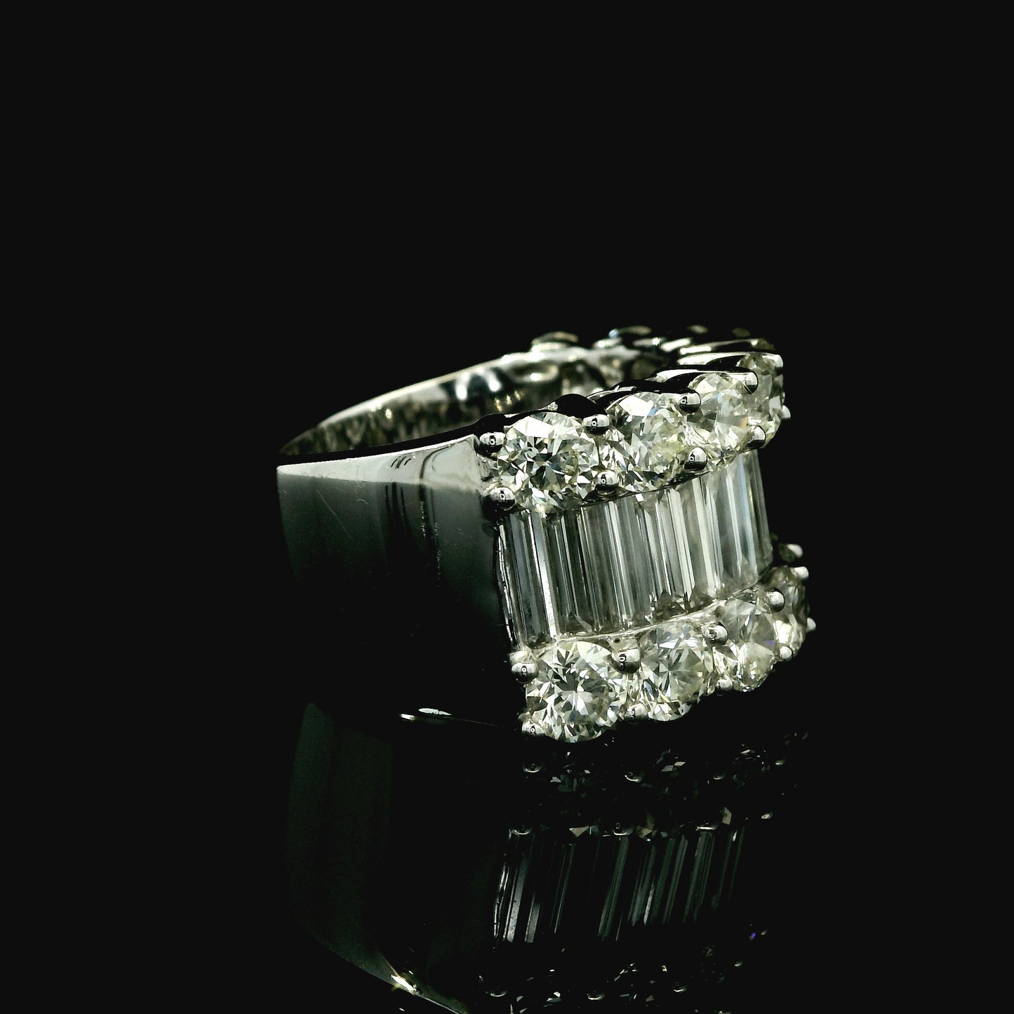 Wide Baguette and Round Brilliant Diamond Band – Natural Multi-Row Statement Ring in 14K White Gold