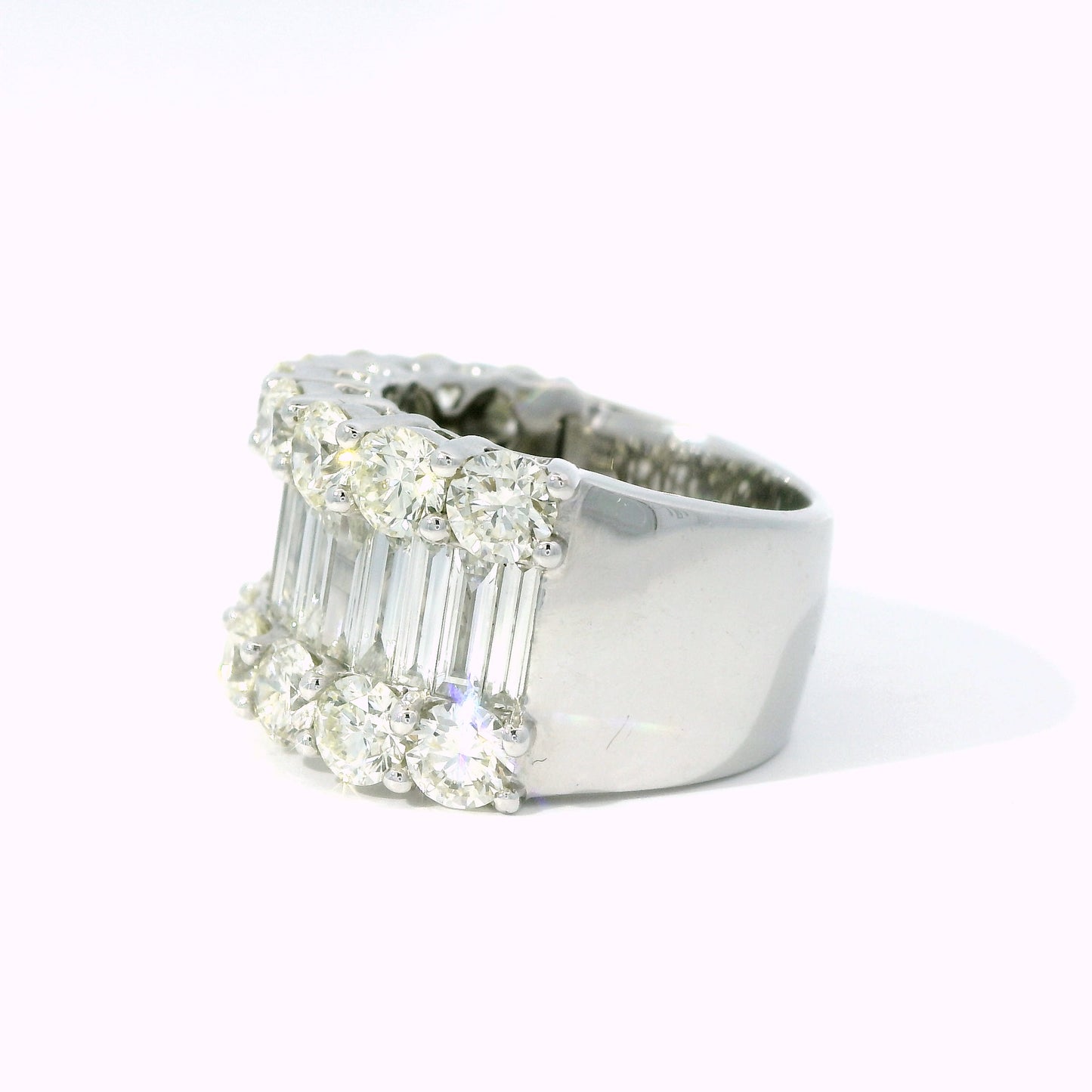 Wide Baguette and Round Brilliant Diamond Band – Natural Multi-Row Statement Ring in 14K White Gold