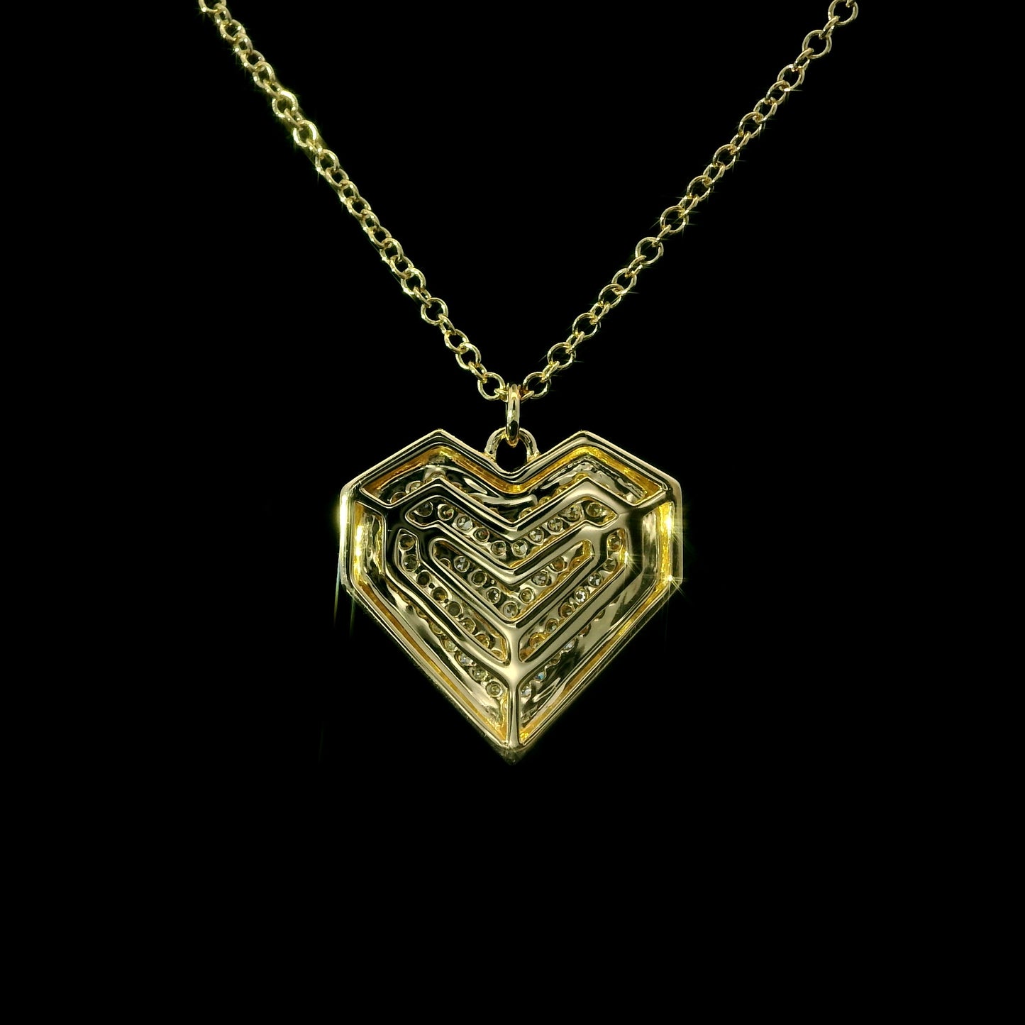 14K Yellow Gold Pavé Set Diamond Geometric Heart Pendant Necklace