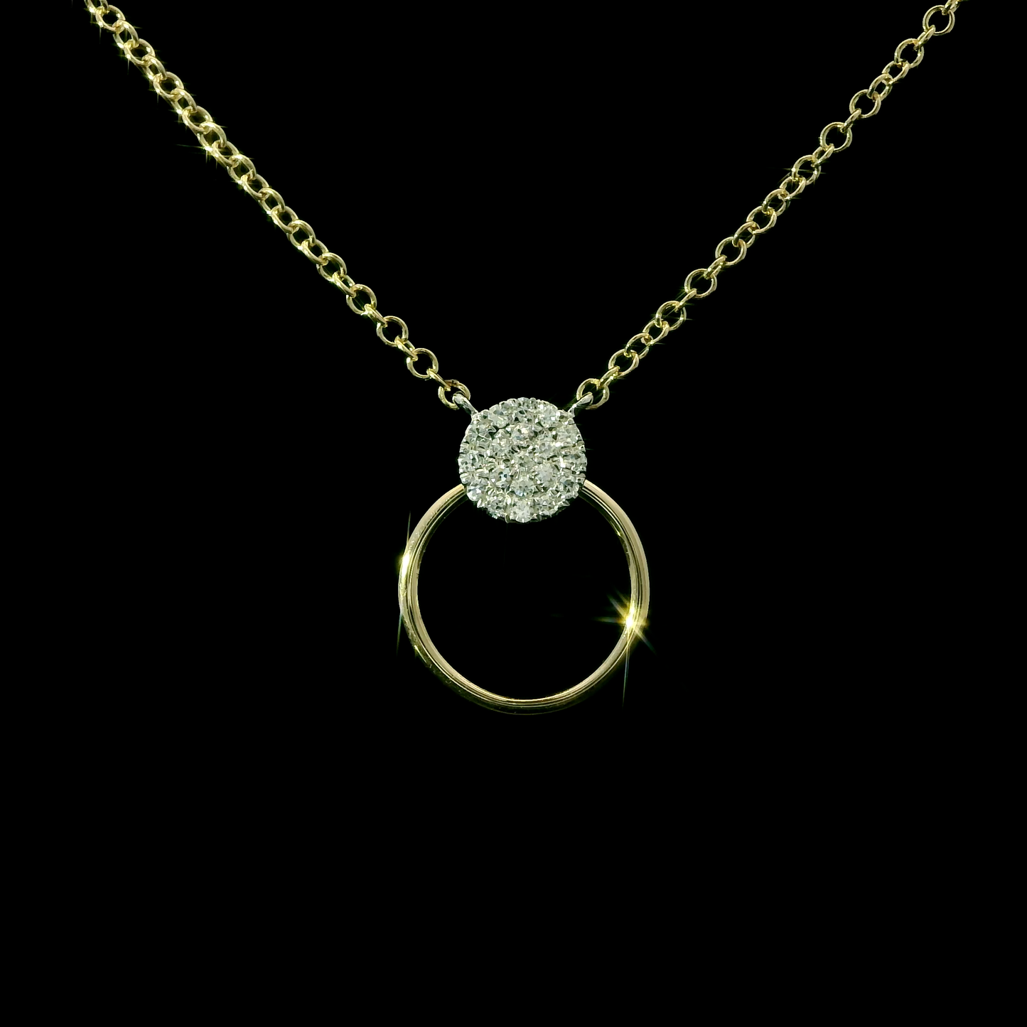 14K Yellow Gold Pave Diamond Disc & Open Circle Necklace
