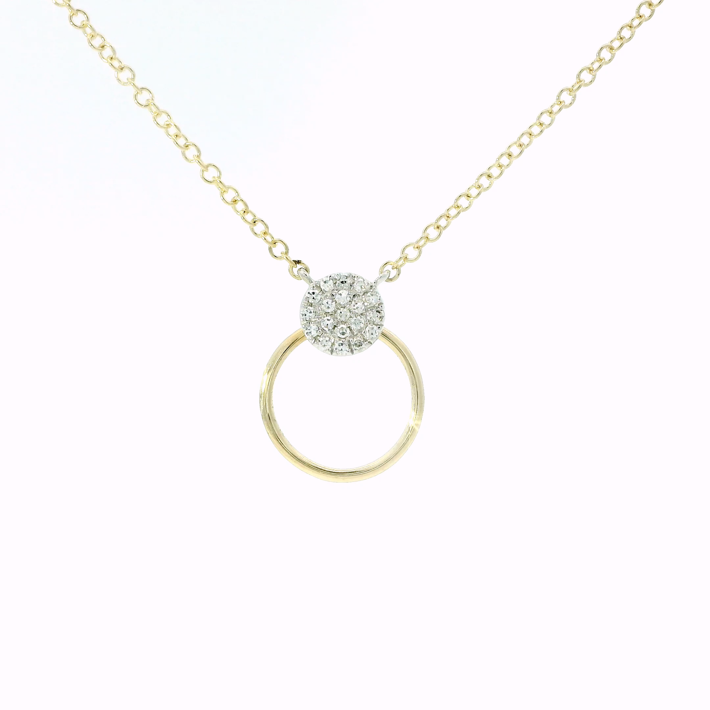 14K Yellow Gold Pave Diamond Disc & Open Circle Necklace
