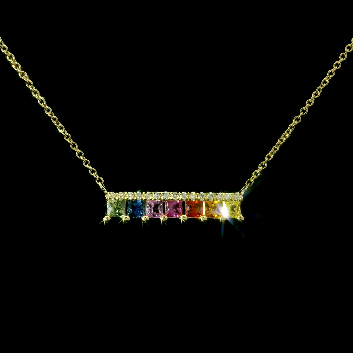 14K Yellow Gold Rainbow Gemstone Bar Necklace with Diamond Accent Row