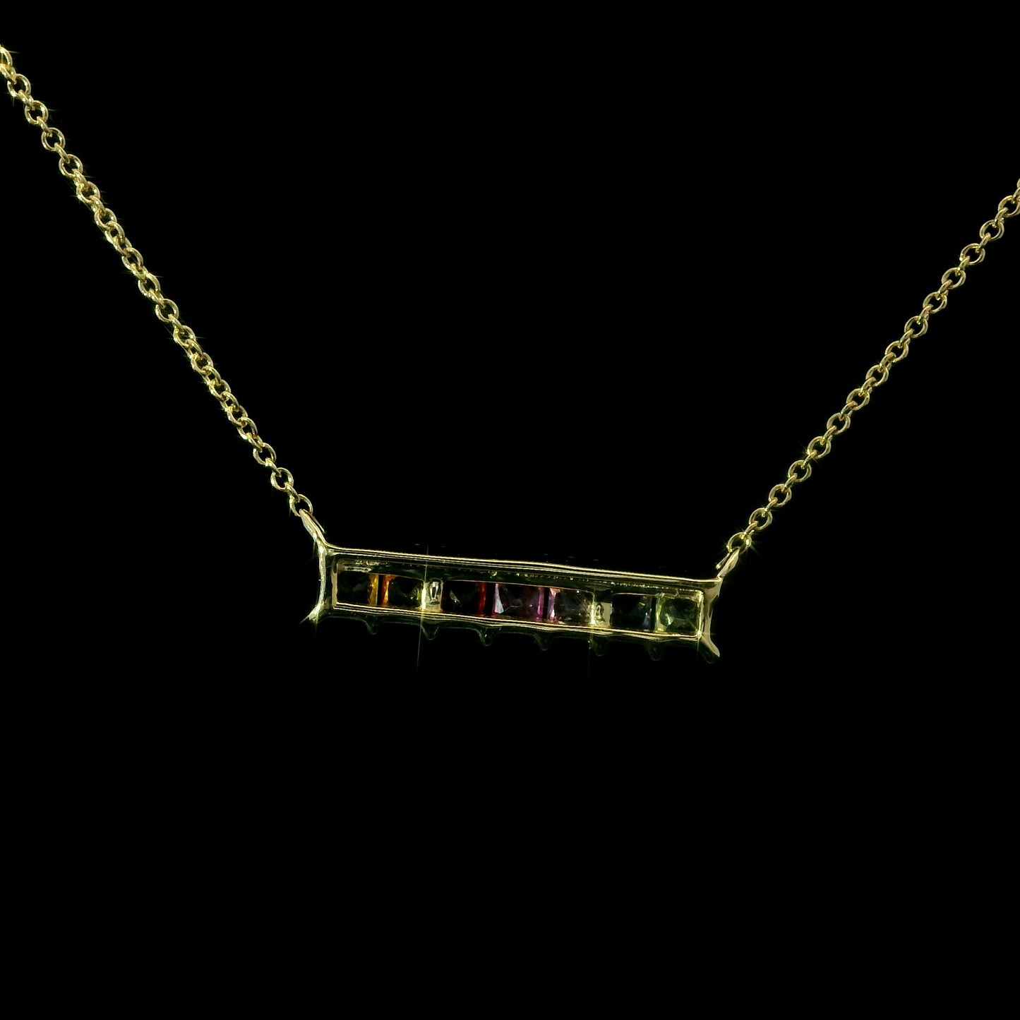14K Yellow Gold Rainbow Gemstone Bar Necklace with Diamond Accent Row