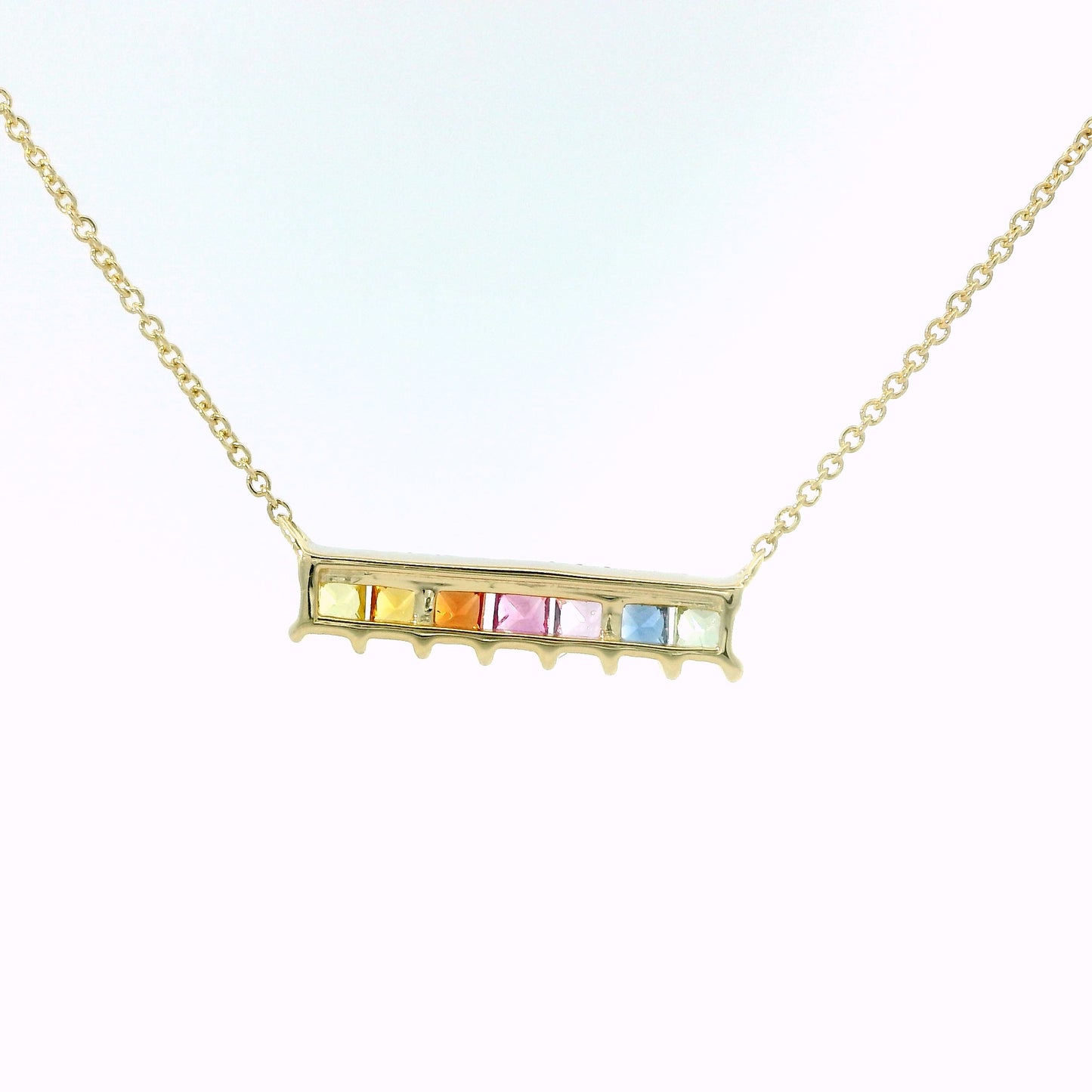 14K Yellow Gold Rainbow Gemstone Bar Necklace with Diamond Accent Row