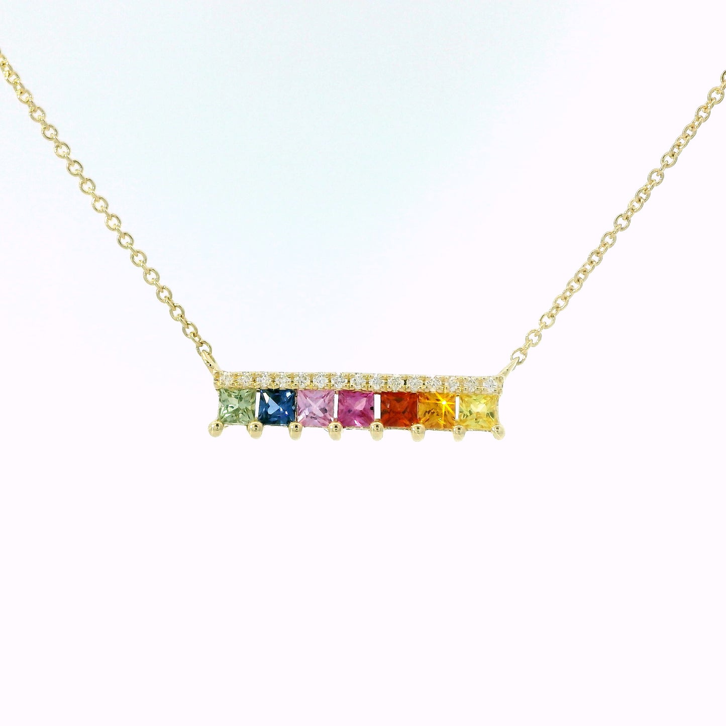 14K Yellow Gold Rainbow Gemstone Bar Necklace with Diamond Accent Row