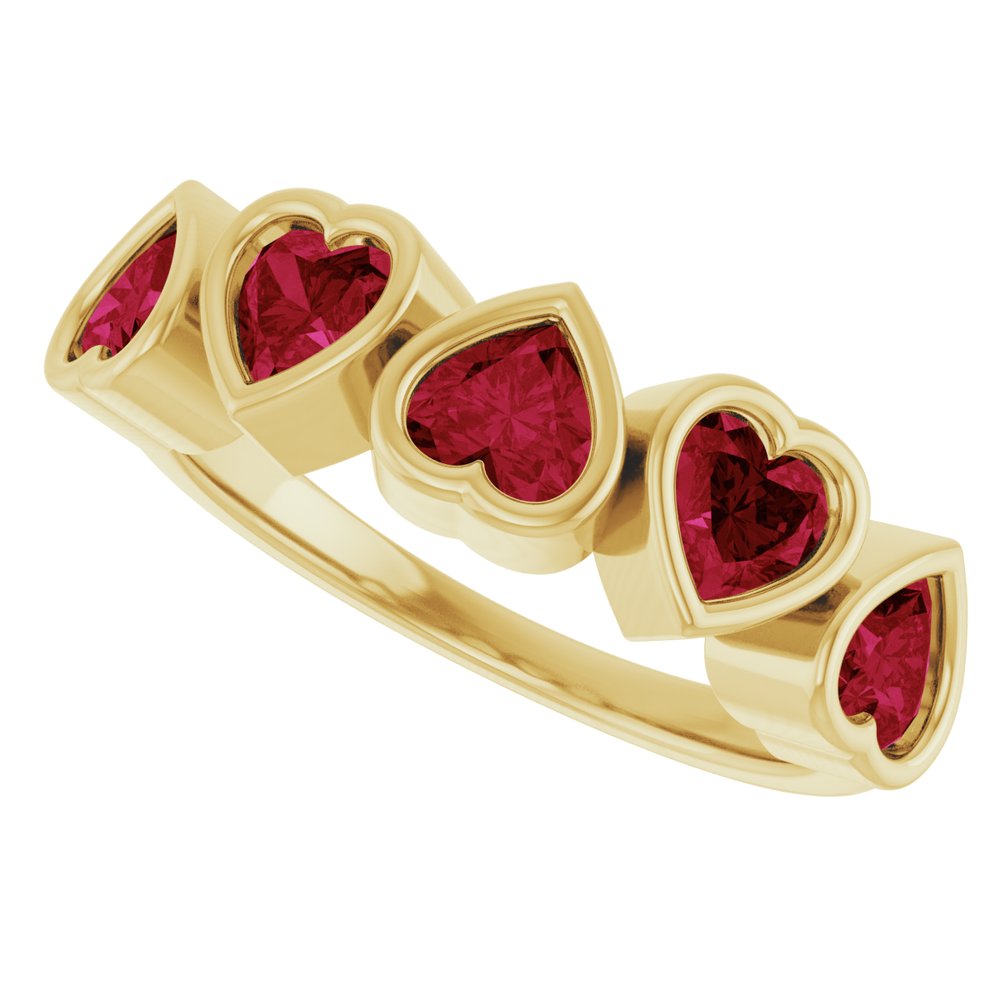 5 stone Garnet Heart Ring in Solid 14kt Yellow Gold