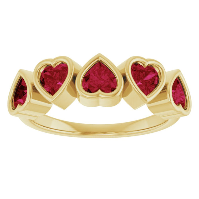 5 stone Garnet Heart Ring in Solid 14kt Yellow Gold