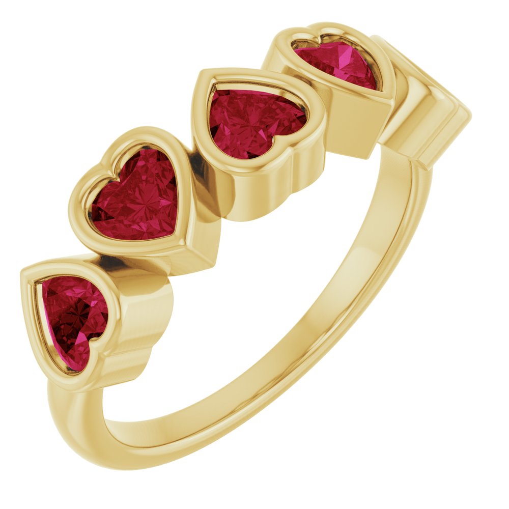 5 stone Garnet Heart Ring in Solid 14kt Yellow Gold