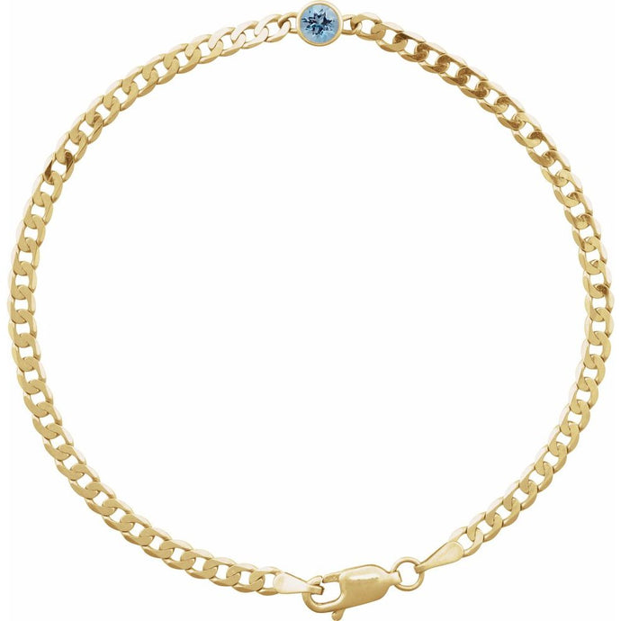Birthstone Bracelet with a Round Genuine Aquamarine attached to a 3mm Curb Chain in Solid 14k Gold