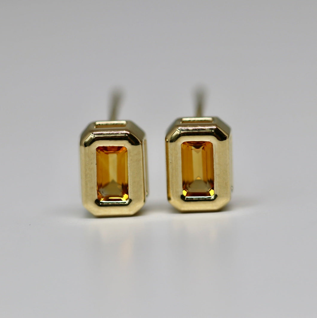 Emerald Cut Citrine Bezel Set Studs in 14K Gold