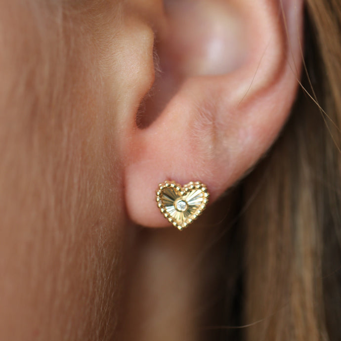 Yellow Gold Heart Earrings with Round Diamond In Center