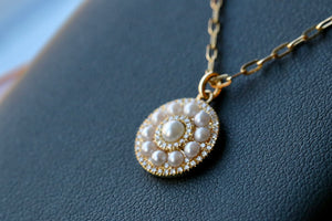 Pearl an Diamond Disc Pendant on a Paperclip Chain in 14kt Gold
