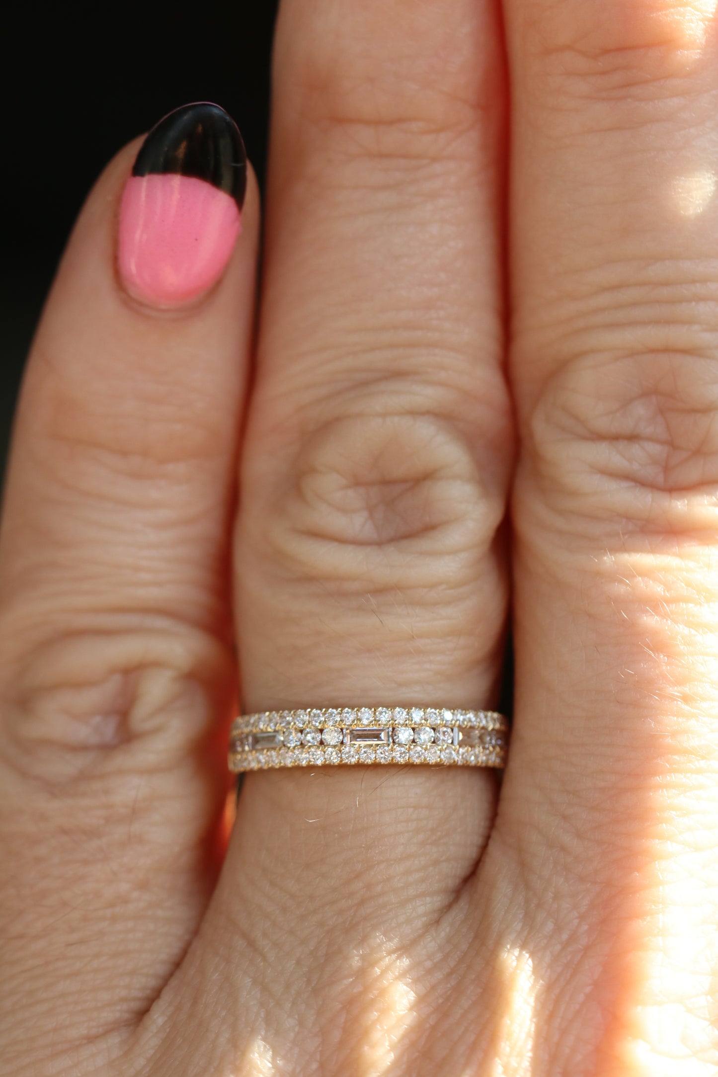 3 Row Round & Baguette Diamond Band in Solid Gold