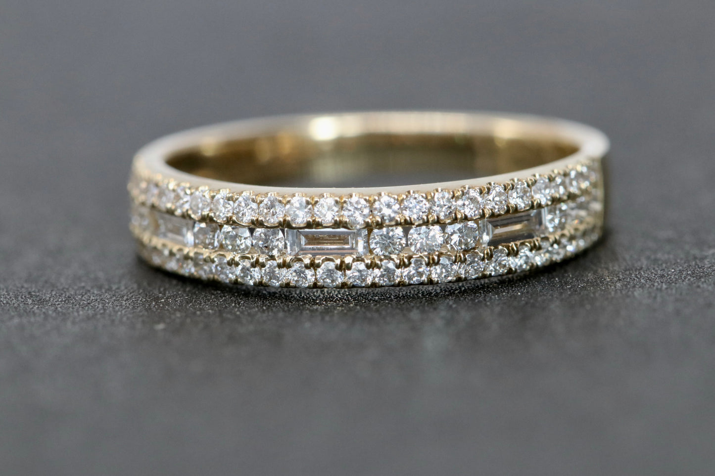 3 Row Round & Baguette Diamond Band in Solid Gold