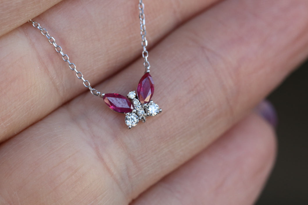 Ruby and Diamond Butterfly Necklace in Solid 14k Gold