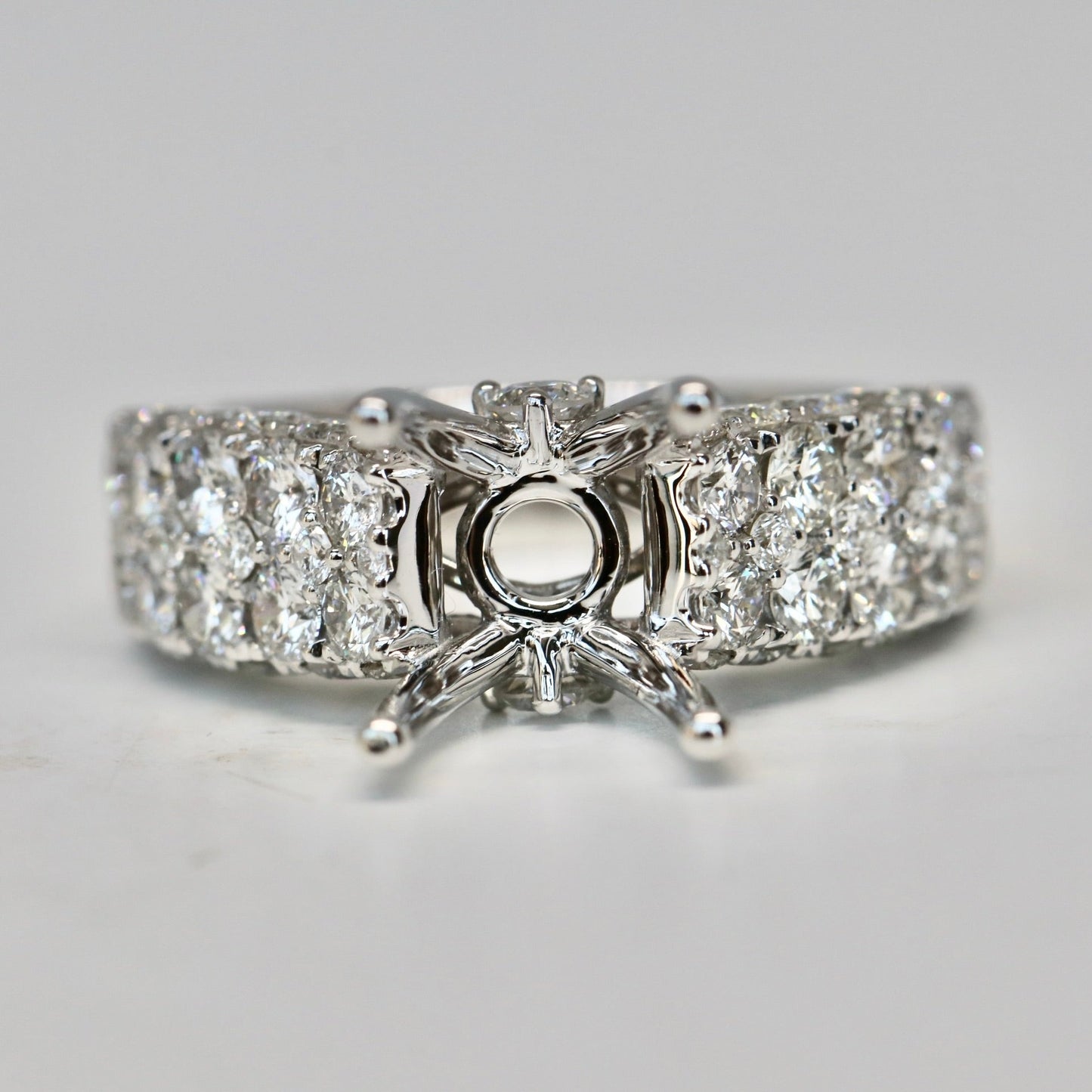 Wide Diamond engagement ring with diamonds all around