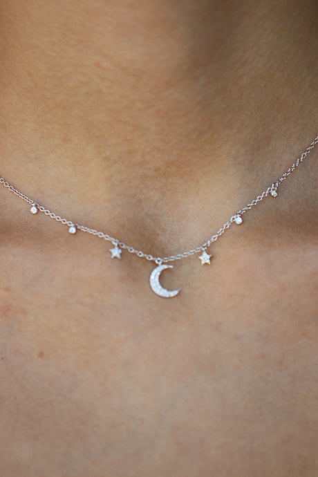 Diamond Pave Moon and Star Necklace