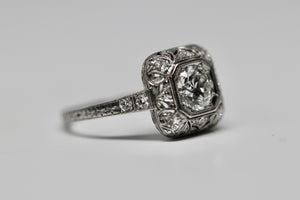 1930's Art Deco Platinum and Diamond Vintage Engagement Ring with a Round European Cut