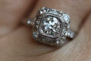 1930's Art Deco Platinum and Diamond Vintage Engagement Ring with a Round European Cut