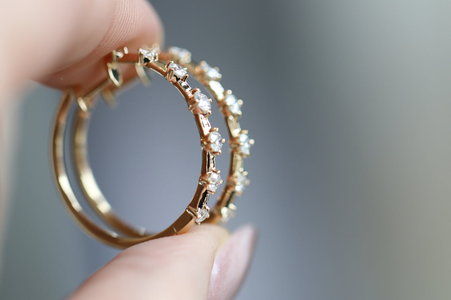 Spaced Hoop Prong Set Gold Diamond Earrings