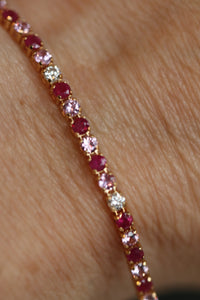 PINK Gemstone Tennis Bracelet with Rubies, Pink Sapphires, And Diamonds in 14K Yellow Gold