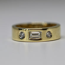 3 Stone Cigar Band with Emeralds and Round Diamonds in 14k Gold