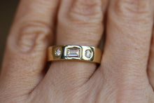 3 Stone Cigar Band with Emeralds and Round Diamonds in 14k Gold