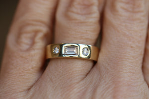 3 Stone Cigar Band with Emeralds and Round Diamonds in 14k Gold