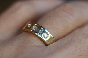 3 Stone Cigar Band with Emeralds and Round Diamonds in 14k Gold